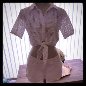 Michael Kors white eyelet cropped button up size S